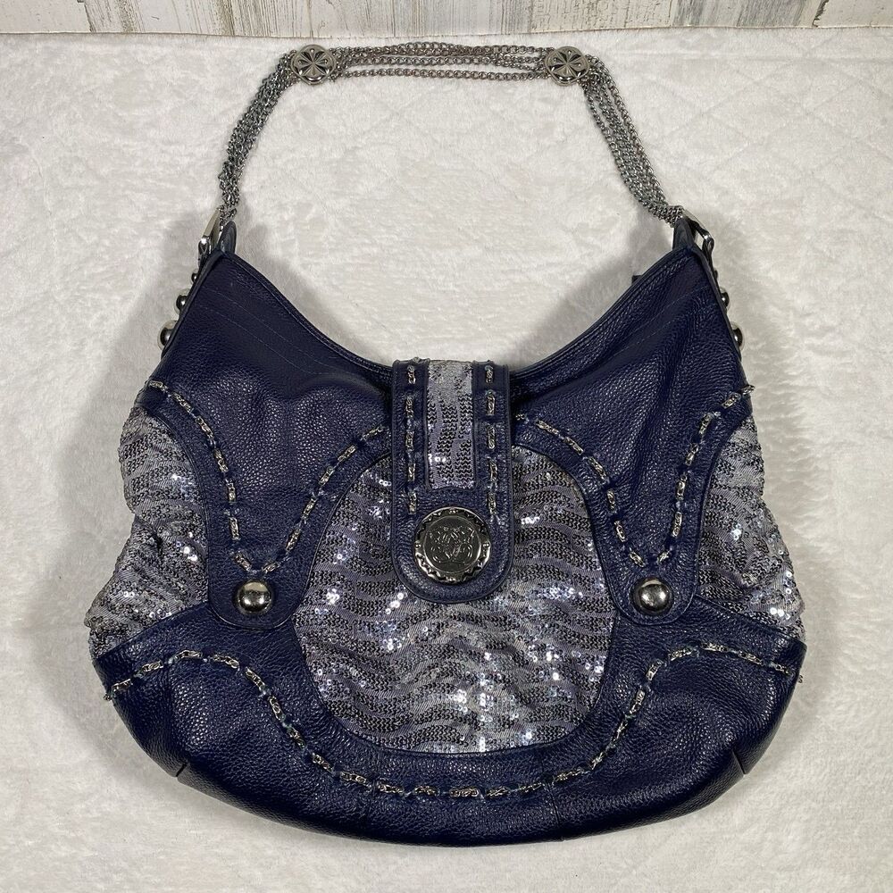 Sharif Blue Leather Hobo Purse Silver Sequins Chain Strap Festival Maximalist
